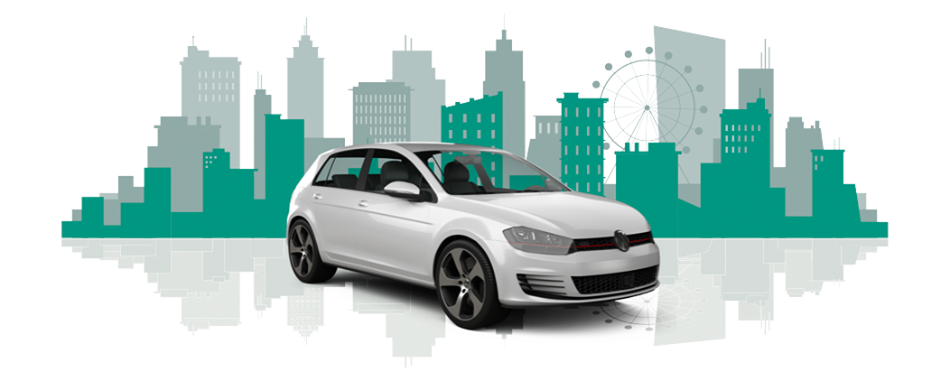 Illustration of a car with a cityscape in the background
